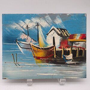 Vintage Coastal Oil Painting On Canvas With Boats And Dock 8.5"x6.5"